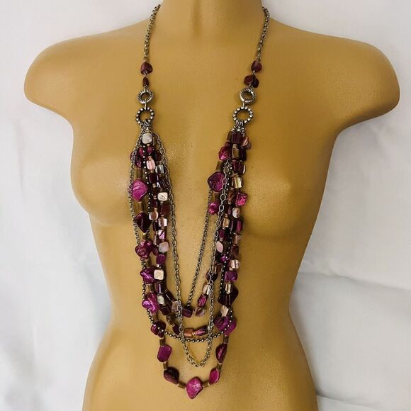 Sonoma Silver Tone Necklace Pink Shades Multi Layer Genuine Shell Stones - Picture 2 of 11